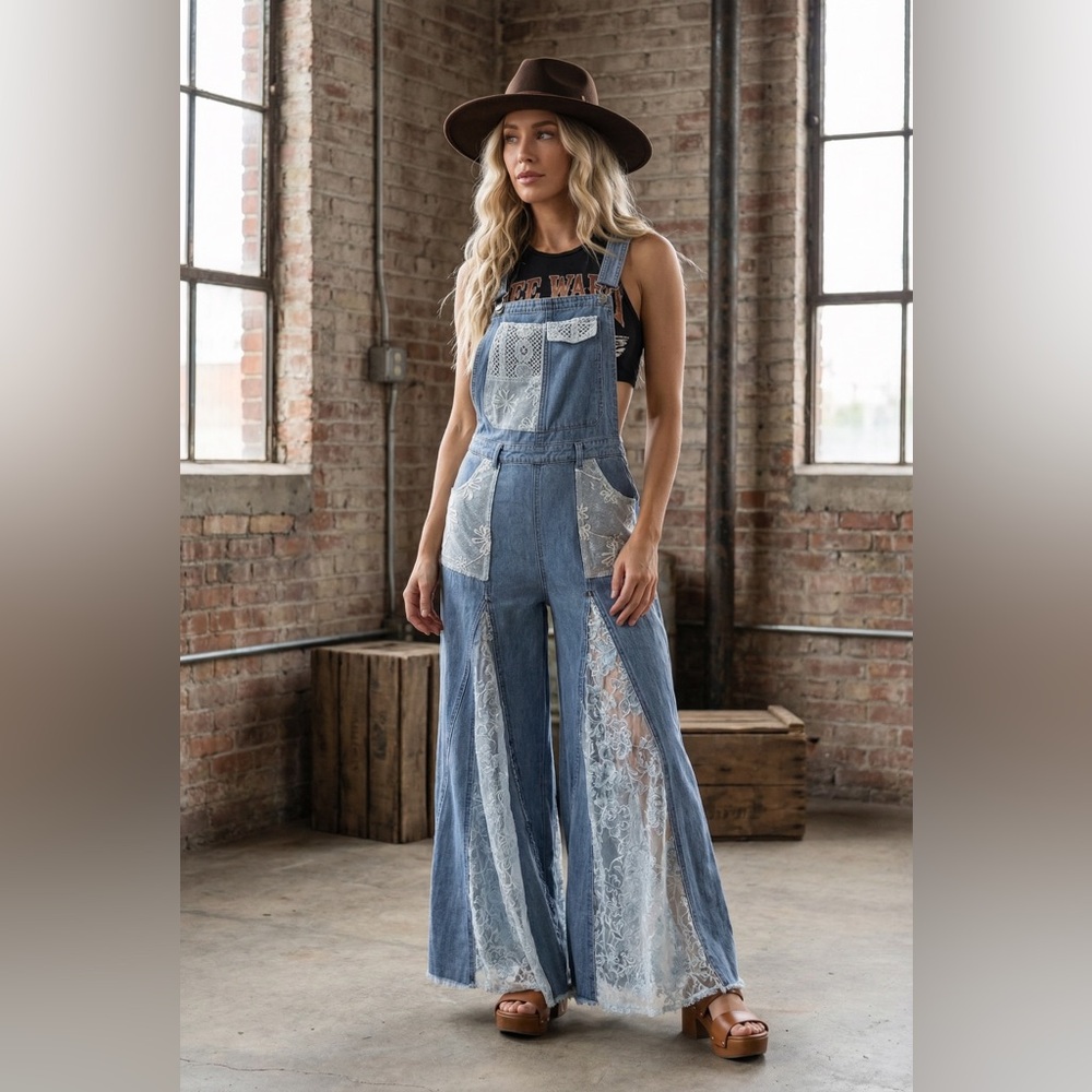 NWT Ultra Wide Leg Flare Lace Panel Patchwork Denim Jean Overalls Jumpsuit - Picture 7 of 7